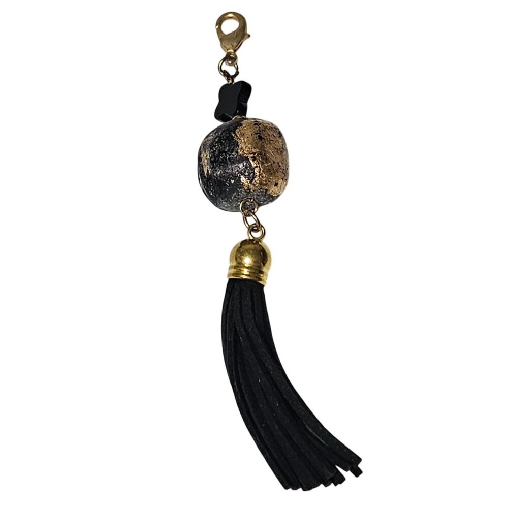 Handcrafted Gold Black Tassel Keychain Pendant Lobster Clasp Bead Accent Women
